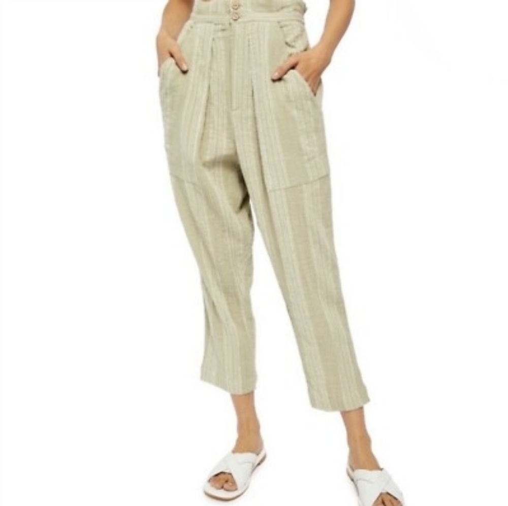 Free People Light Olive Highwaisted Cropped Textured Pants